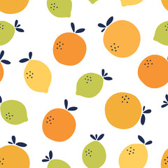 Citrus seamless pattern. Summer background with orange, grapefruit, lemon and lime. Vector illustration. It can be used for wallpapers, wrapping, cards, patterns for clothing and others.