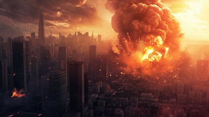 Nuclear bomb explosion above city. Third world war concept. Arms race Epic big bang. Apocalyptic catastrophe. Ruined houses buildings. Doomsday hell. Global problem radioactive catastrophe. Armageddon - obrazy, fototapety, plakaty