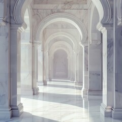 Minimalist cathedral corridor lined with pristine white marble columns a path of purity and reflection