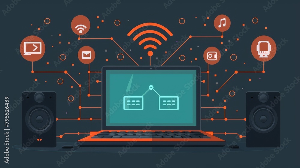 Poster wireless technology: a vector illustration of a laptop computer connecting to a bluetooth speaker