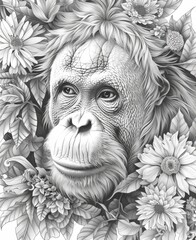 Fototapeta premium Detailed Illustration of a Chimpanzee Amongst Floral Elements