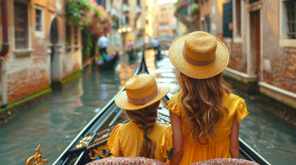 Back view of two young girls in yellow dresses and straw hats with backpacks on the Canal. Vacation in Italy.