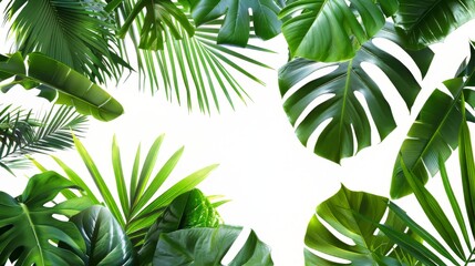 A lush green jungle with palm trees and leaves. The image is full of life and energy, with the green leaves and palm trees creating a sense of warmth and relaxation