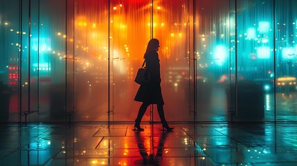 In the quiet of the city night, a woman walks alone, her smartphone casting an ethereal glow