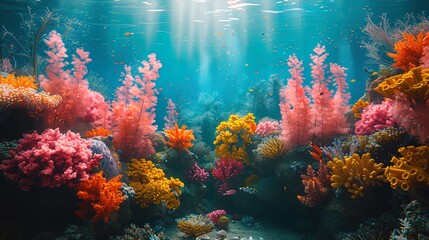 In the depths, coral reefs create a mesmerizing tapestry of shapes and colors, a testament to
