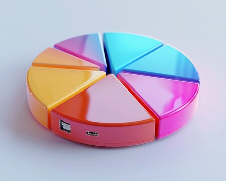 3d pie chart made of glossy plastic with a usb port on the side