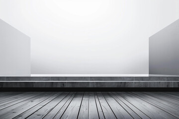 A minimalist stage set against a white blank background, featuring a sleek, polished wooden floor