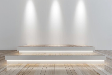 A minimalist stage set against a white blank background, featuring a sleek, polished wooden floor