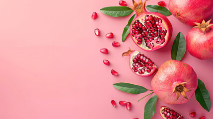 Pomegranates and leaves on pink background - 795528608