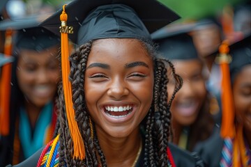 Group of joyful black graduates celebrating with beaming smiles, clad in caps and gowns