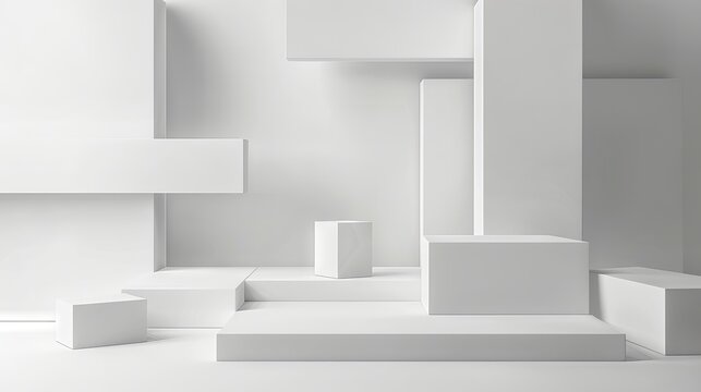 A white room with white boxes and white walls. The boxes are arranged in a way that creates a sense of depth and space. The room has a minimalist and modern feel