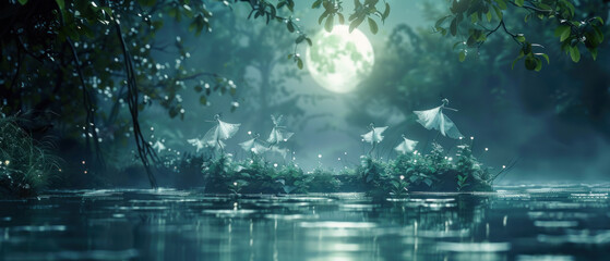 Enchanted river crossing, Fairies dancing over water, Moonlit scene, Space for copy on top