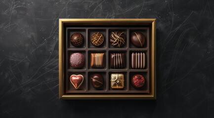 An elegant wooden box of chocolates with satin ribbon, showcasing an assortment of different types and shapes of chocolate in shades of dark brown, white, milk, and caramel. 