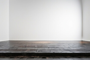A minimalist stage set against a white blank background, featuring a sleek, polished wooden floor