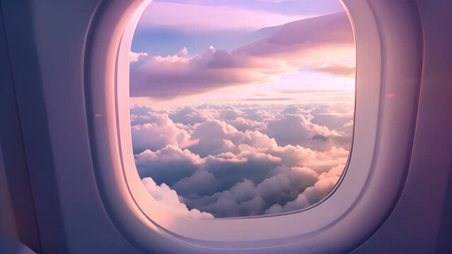 pink and purple sky with a plane flying through it. The sky is filled with fluffy clouds and the sun is shining brightly. Concept of freedom and adventure, Travel or Love, Airplane