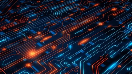 Obraz premium Blue and orange circuit board lines on a dark background, a futuristic tech pattern design for a phone wallpaper, a high resolution vector in the style of a futuristic and technological vibe, with a b