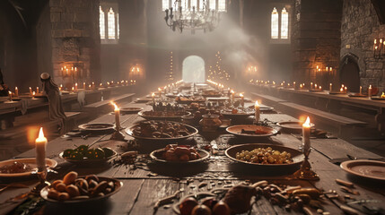 Medieval banquet hall, Feast setup with flickering torches, Rich and detailed, Text-friendly layout