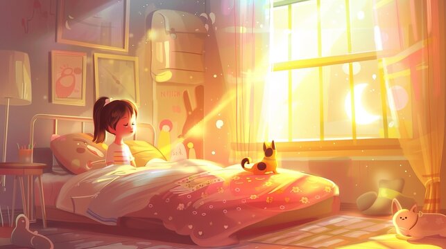 cute illustration of a sleepy morning of a little girl and her puppy waking up to the morning sunlight