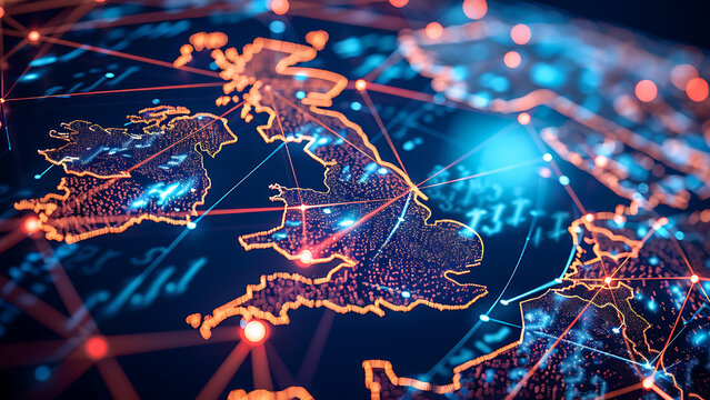 Map of United Kingdom with networks. Global communications systems and communications satellites. Connection concept.	