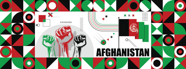 Flag and map of Afghanistan with raised fists. National day or Independence day design for Counrty celebration. Modern retro design with abstract icons. Vector illustration. 