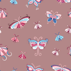 Detailed pink, blue and white butterflies on a light brown background. Seamless repeated surface vector pattern design.