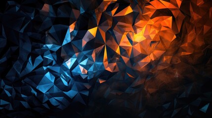 Bold and contrasting low polygon artwork in dark blue and orange, perfect for use in graphic design projects or techthemed displays,