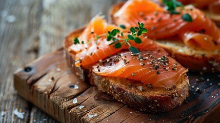 Close-Up Gourmet Smoked Salmon Toast. Close-up of smoked salmon on toast with seeds and microgreens, perfect for culinary blogs.