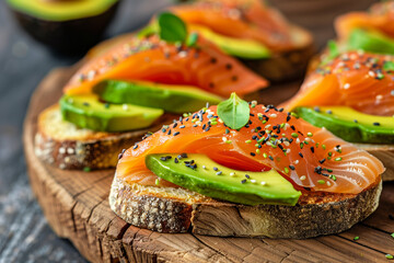 Close-Up Smoked Salmon Avocado Toasts. Close-up of smoked salmon avocado toasts on a rustic board, ideal for food and nutrition themes.