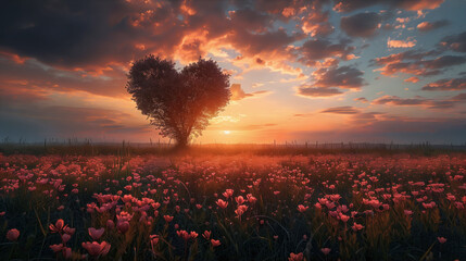Sunset in a field with a heart shaped tree and flowers
