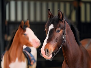Two horses standing next to each other, one brown and one white. The brown horse has a black nose and a black bridle