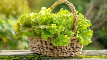 Basket of green lettuce on wooden table