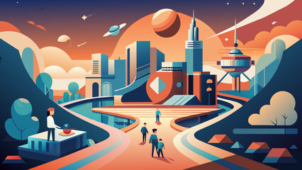 Futuristic Cityscape with People and Space Elements Illustration