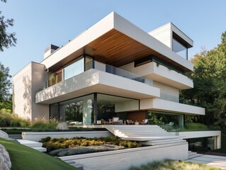 A large white house with a white roof and a green lawn. The house has a modern design and is surrounded by a lush green landscape