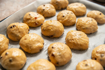 Homemade chocolate and lemon brioche buns rising on baking tray .