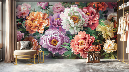 A dressing room beautified by an expansive 3D peony wallpaper, where the colorful blooms serve as a vibrant backdrop for the fashion within, against a muted, sophisticated background