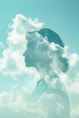 An artistic double exposure of the profile silhouette of a woman filled with clouds, set against a sky blue background. Psychology and woman mental health concept