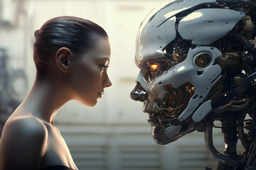 Fototapeta premium A meeting between a woman and a robot. A science fiction concept.