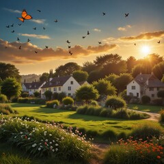 Happy summer season background with having garden full of flowers trees butterflies clouds sky and bright sun 