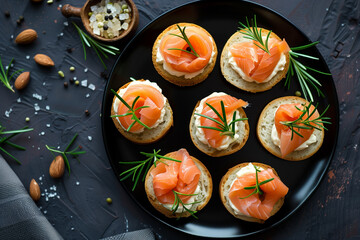 Overhead Gourmet Smoked Salmon Canapes. Overhead close-up of smoked salmon canapes on a dark plate, ideal for party catering.