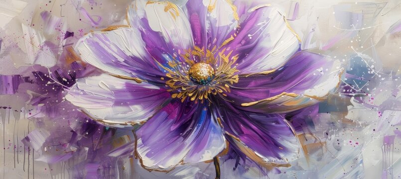 A purple and white flower with gold accents, an oil painting on canvas with splashes of paint in an abstract. Brush strokes create an elegant, modern style in the impressionist manner.