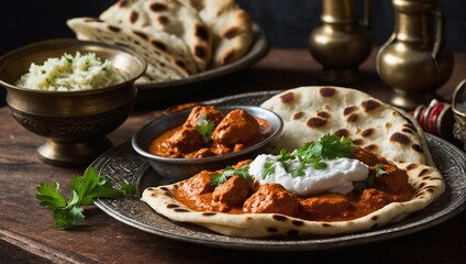 A plate of chicken tikka masala with naan