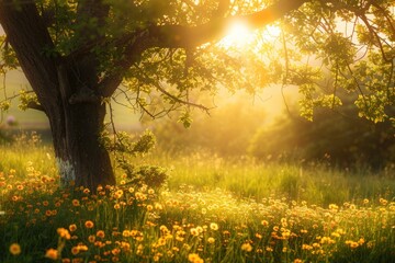 A tree is in a field of yellow flowers. The sun is shining brightly on the tree and the flowers