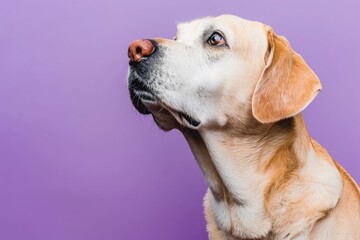 Elegant Labrador Retriever in profile with a contemplative gaze on a luminous purple background,...