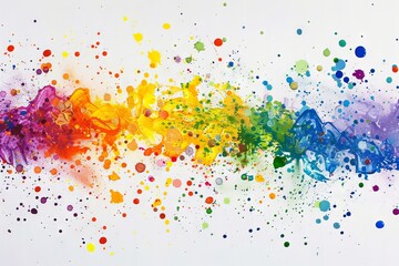 Rainbow-colored paint splatters transparently creating a lively abstract artwork
