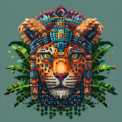 A colorful drawing of a jaguar with a headdress and a green background