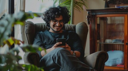 A happy curly young Indian man chats with girlfriend at home from a comfortable armchair, using a modern mobile phone to check social media and use a mobile app. There is copy space on the panorama