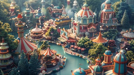 A surreal magical theme park funfair with a lot of carousel and games