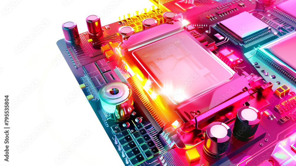 Poster a close up of a computer circuit board with a glowing pink and blue light.