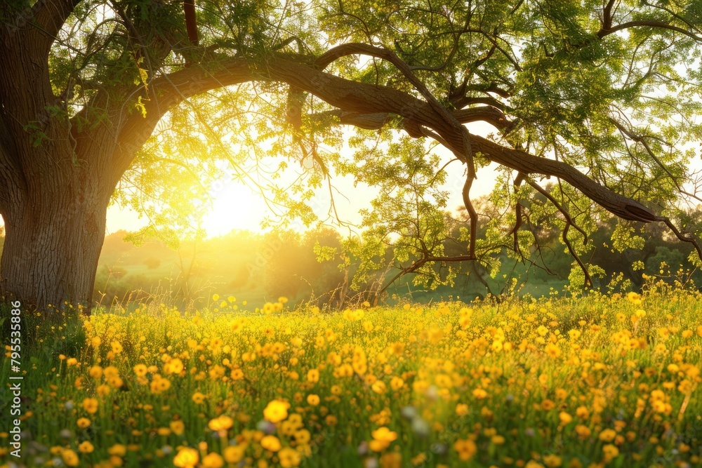 Poster a large tree with a branch that is reaching out to the sky. the sun is shining on the tree and the g