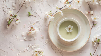 Obraz na płótnie Canvas Matcha cup with branch of cherry white blossom 